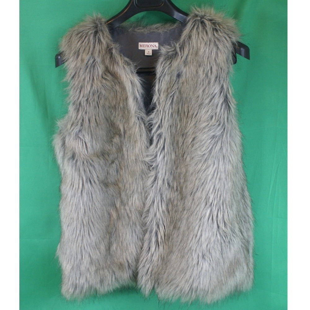 Merona‎ Womens Gray Faux Fur Vest Open Front Shaggy Layering Piece Size M